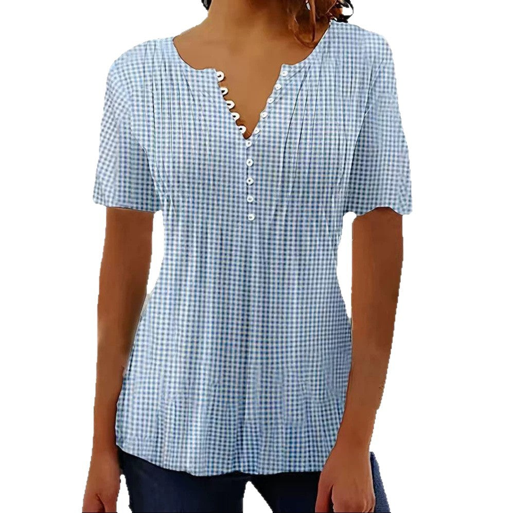Ladies' lightweight checked blouse with V-neck, decorative button placket and tiered ruffle StylebySassy