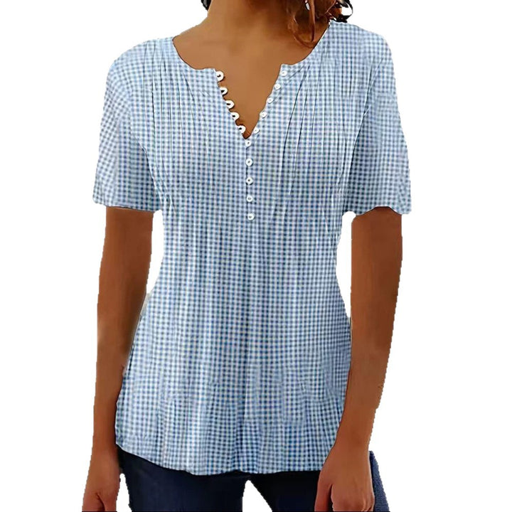 Ladies' lightweight checked blouse with V-neck, decorative button placket and tiered ruffle StylebySassy