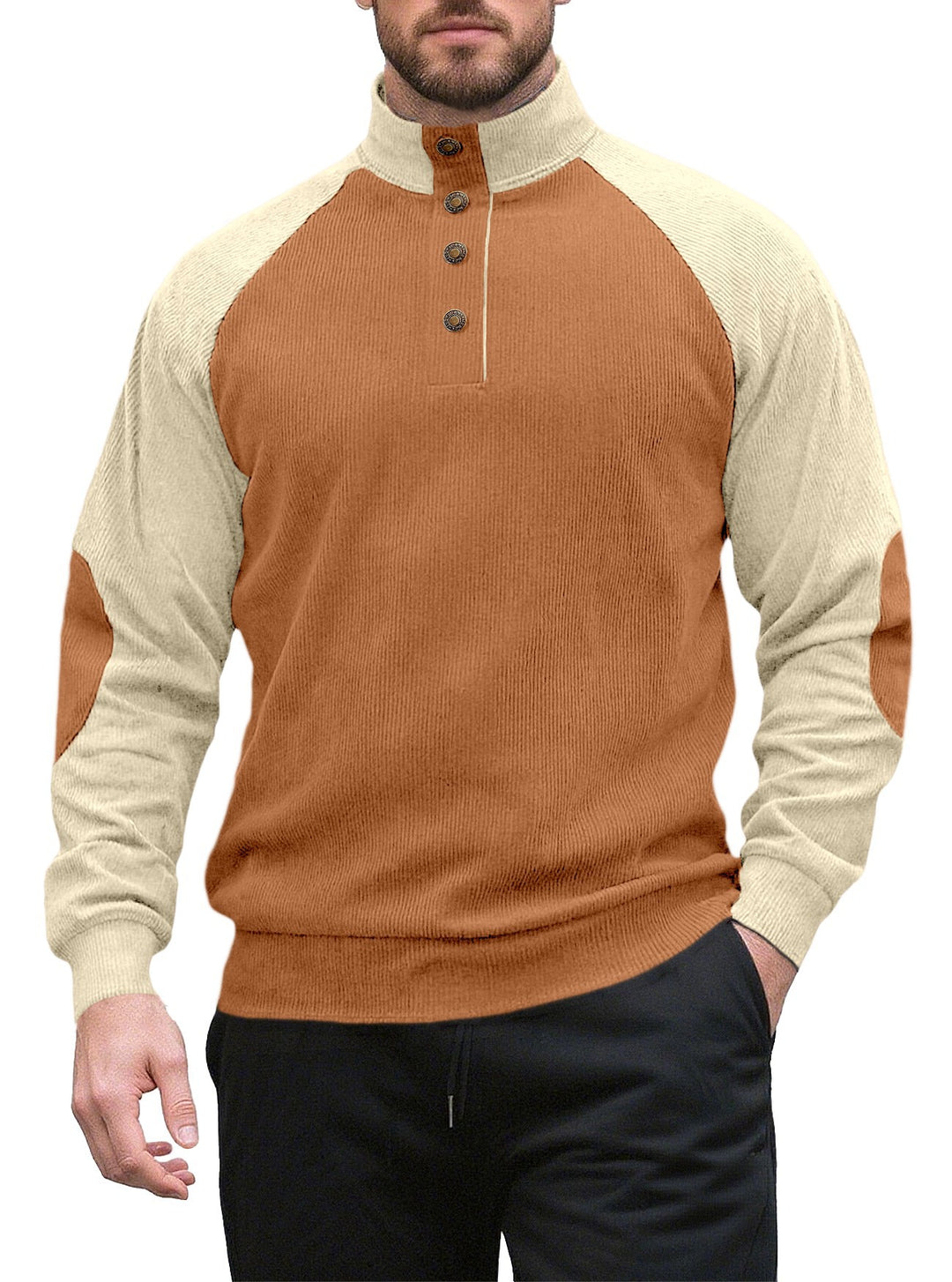 Men's two-tone ribbed troyer with asymmetrical button placket and velour elbow patches StylebySassy