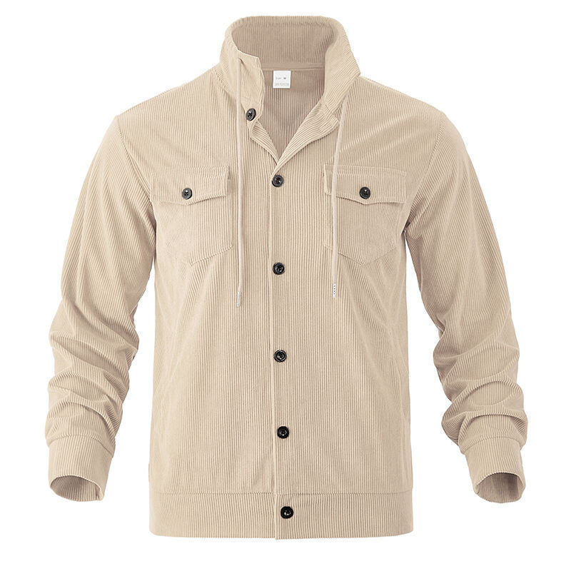 Men's functional cord shirt jacket with high stand collar, drawstring, and patch pockets StylebySassy