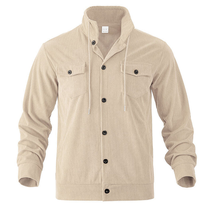 Men's functional cord shirt jacket with high stand collar, drawstring, and patch pockets StylebySassy