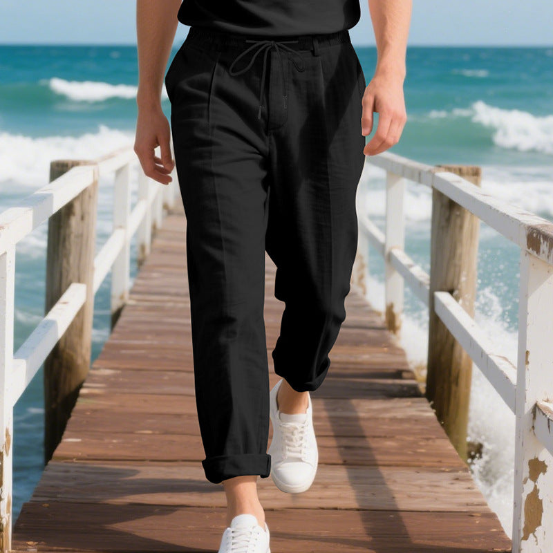 Men's beach-suitable linen blend lounge pants with elastic drawstring, subtle pleat, and rolled ankle hem StylebySassy