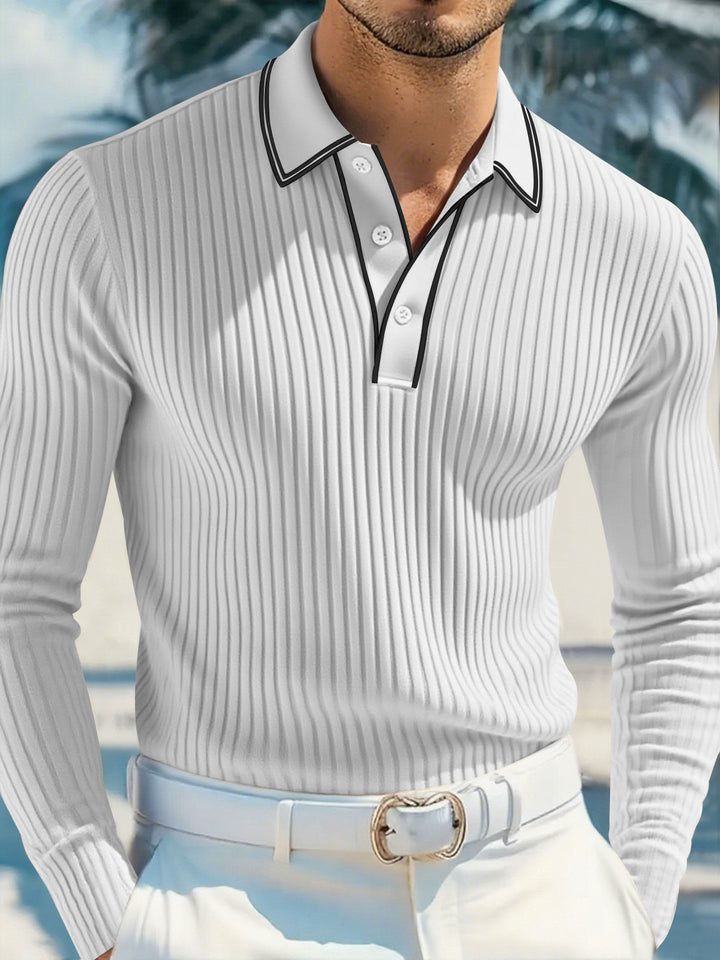 Men's slim-fit ribbed polo shirt with long sleeves, contrasting piping, and fine texture StylebySassy