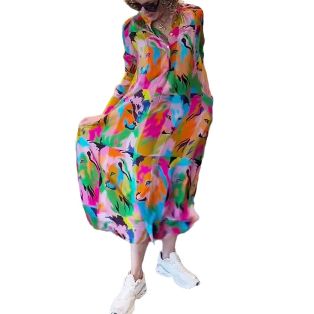 Women's shirt dress maxi dress with pop art lion print, button placket and side pockets StylebySassy
