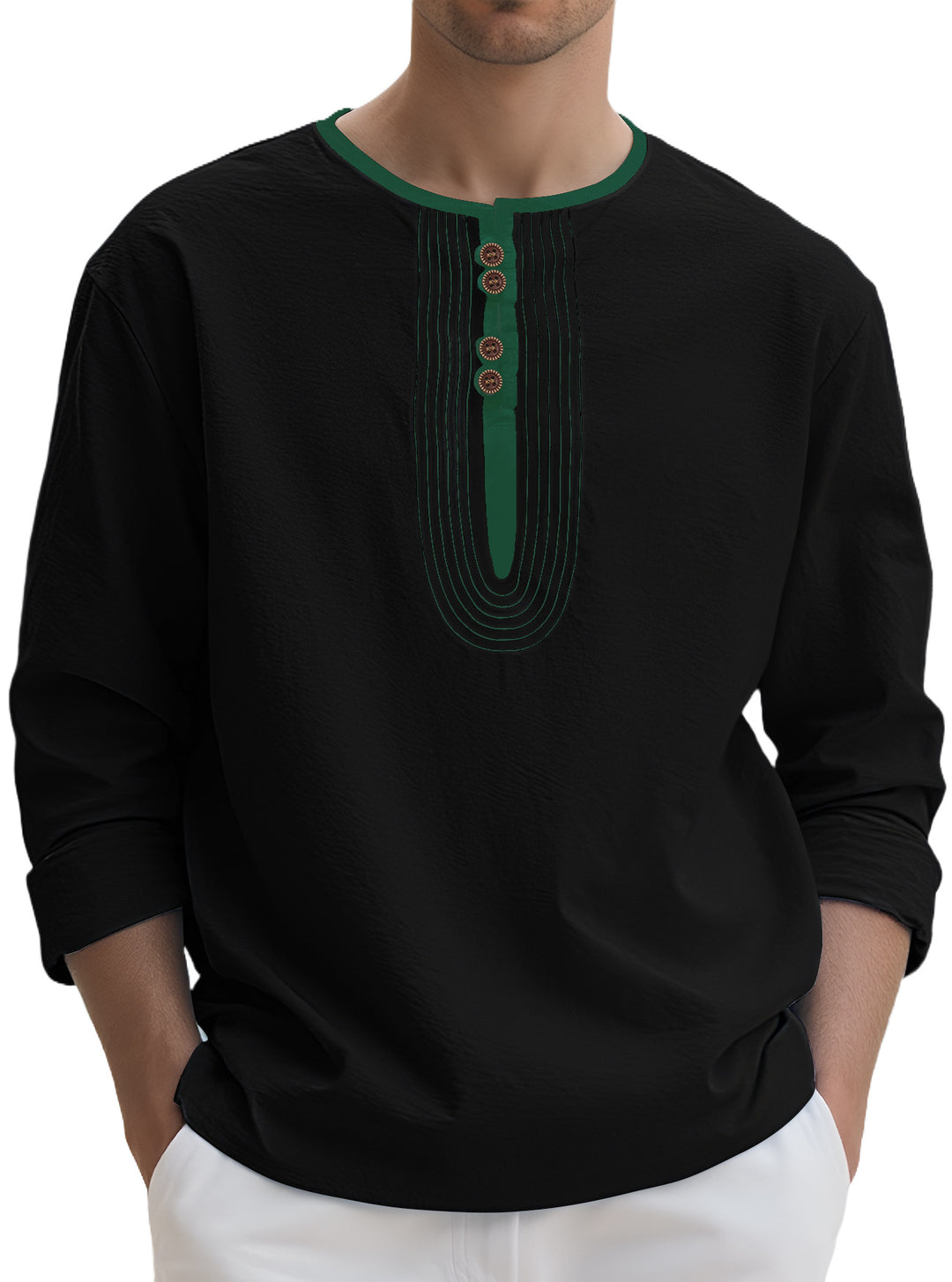 Men's loosely cut long sleeve kurta top with decorative pleats and wooden button placket StylebySassy