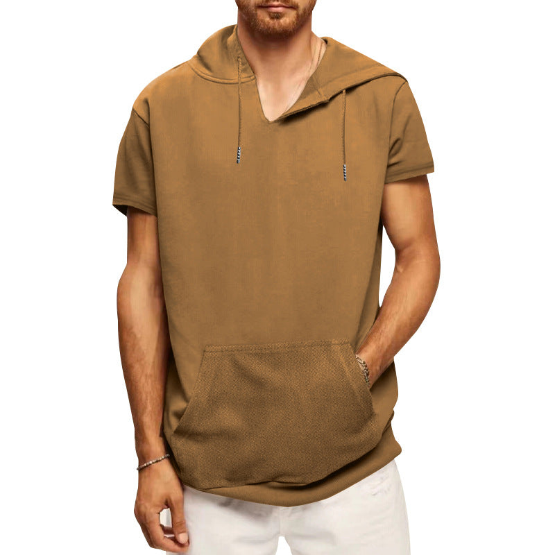 Men's casual short-sleeve hoodie shirt in a loose fit with kangaroo pocket and drawstring StylebySassy