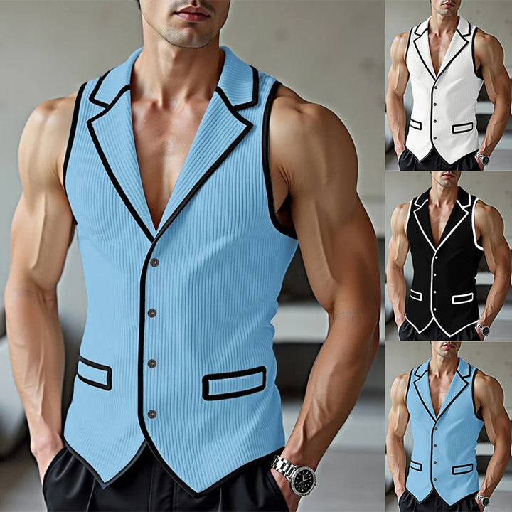 Men's sleeveless tailored jersey vest with notched lapel and contrast piping StylebySassy