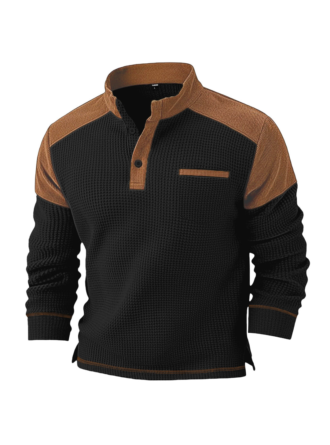 Men's waffle knit henley with stand-up collar, cord shoulder yoke and chest piping StylebySassy