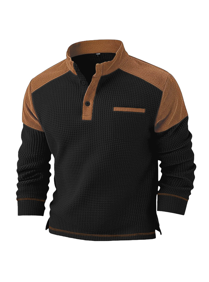 Men's waffle knit henley with stand-up collar, cord shoulder yoke and chest piping StylebySassy