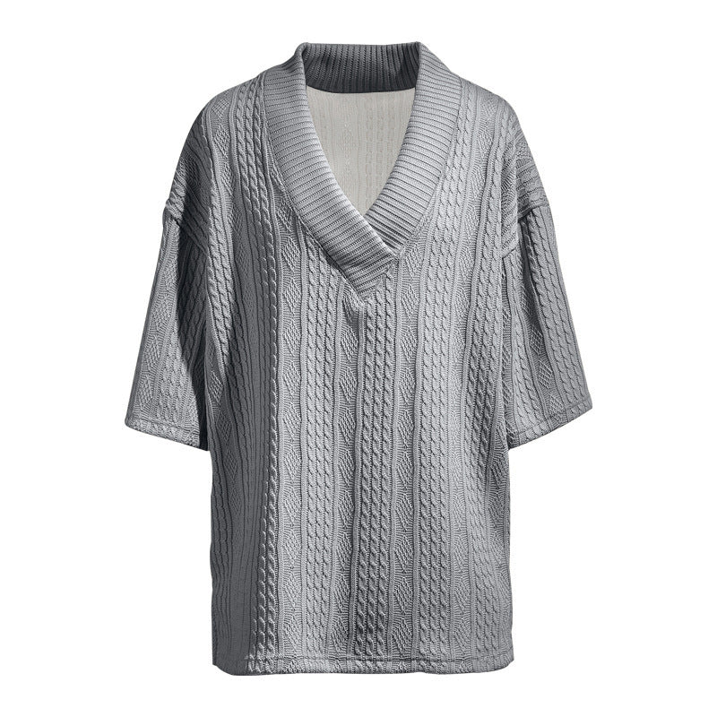 Women's short-sleeve knitted sweater in a loose fit with deep V-neck and cable pattern StylebySassy