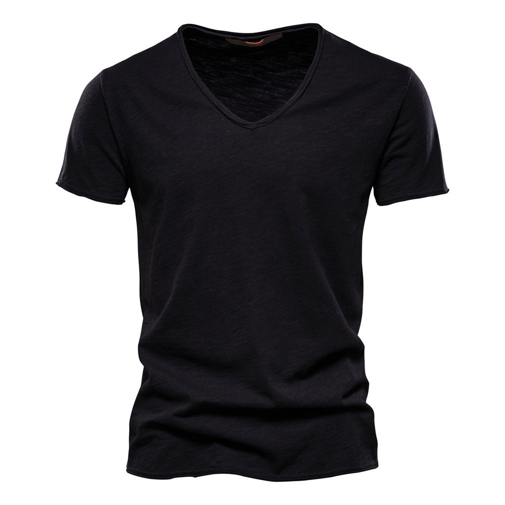 Men's light cotton jersey short-sleeve shirt with V-neck and slim fit StylebySassy
