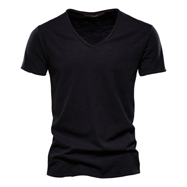 Men's light cotton jersey short-sleeve shirt with V-neck and slim fit StylebySassy