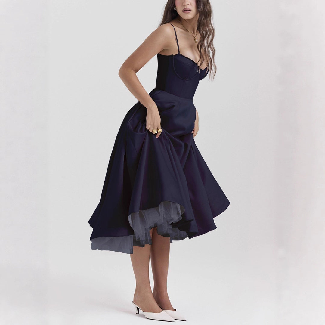 Women's tailored retro-inspired midi dress with corset underbust seams, flared skirt, and side pockets StylebySassy