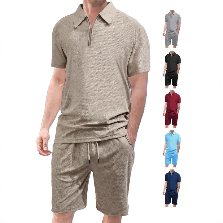 Men's comfortable short sleeve half zip set with polo collar and elastic cord pants made of textured knit StylebySassy