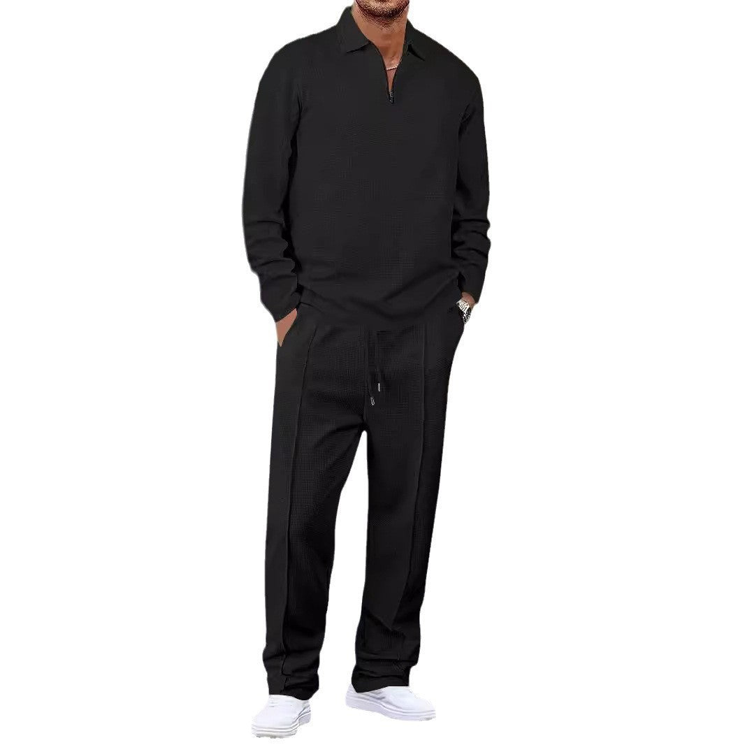 Unisex Nan Waffle Structure Leisure Set with Half-Zip Polo Shirt and Elastic Waist Pants StylebySassy