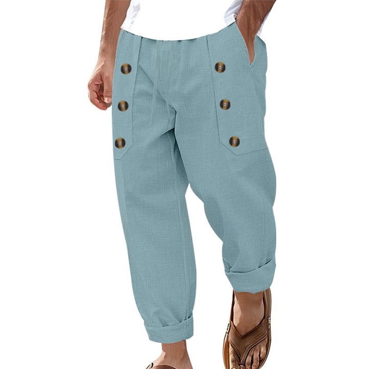 Men's loose linen trousers with decorative button stripes, rolled ankle cuffs, and side pockets StylebySassy