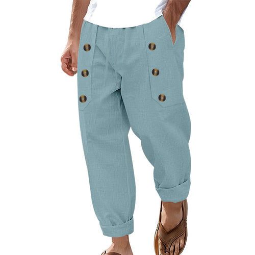 Men's loose linen trousers with decorative button stripes, rolled ankle cuffs, and side pockets StylebySassy