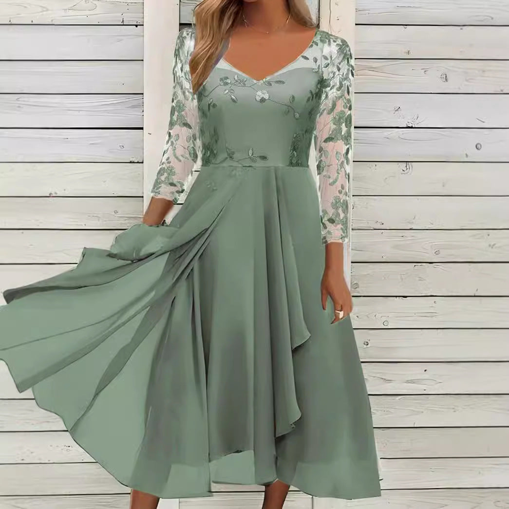 Women's V-neck chiffon midi dress with embroidered bodice, transparent three-quarter sleeves, and asymmetric layered skirt StylebySassy