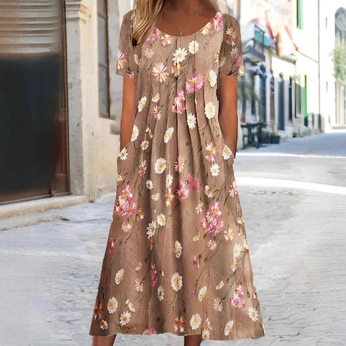 Women's nan Blumenswing midi dress with round neckline, inset pockets, and structured crepe quality StylebySassy
