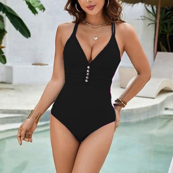 Women's One-Piece Swimsuit with Deep V-Neck and Decorative Buttons StylebySassy