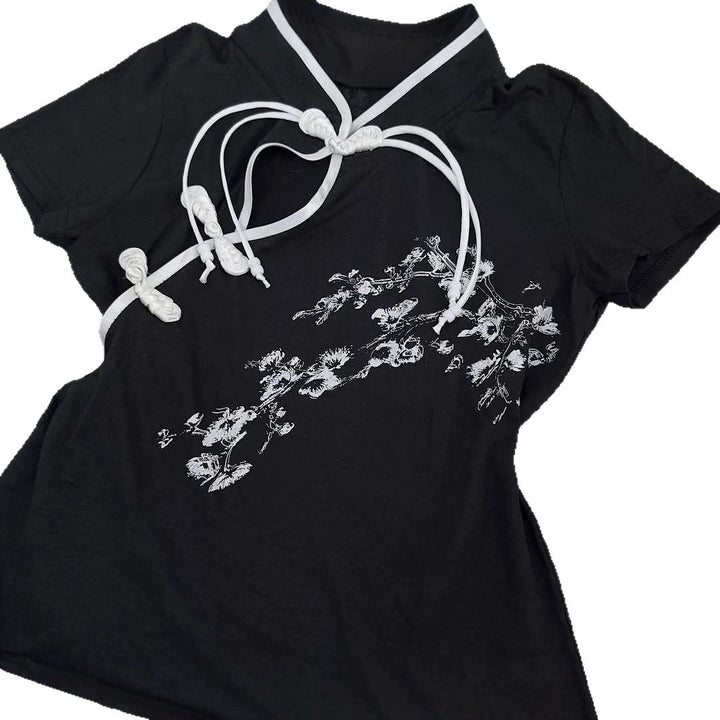 Women Modern Chinese Short Sleeve T-Shirt with Creative Knot Design StylebySassy