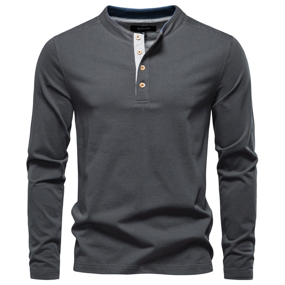 Men's navy cotton long-sleeve shirt with short button placket and stand collar StylebySassy