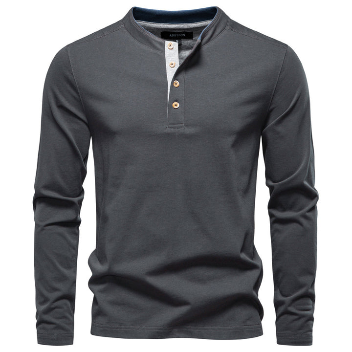 Men's navy cotton long-sleeve shirt with short button placket and stand collar StylebySassy
