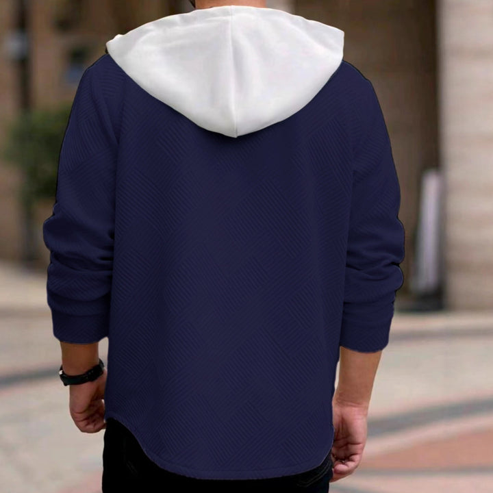Men's structured overshirt jacket with quilted diagonal structure, contrast hood, and patch chest flaps StylebySassy