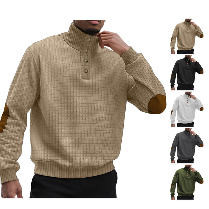 Men's plaid quilted sweatshirt with Henley placket, high stand-up collar, and velour elbow patches StylebySassy