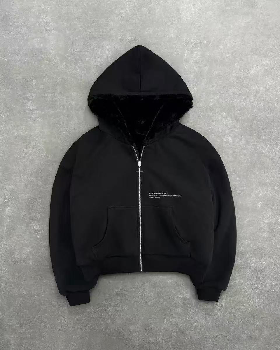 Unisex padded hooded jacket short cut with cross zipper StylebySassy