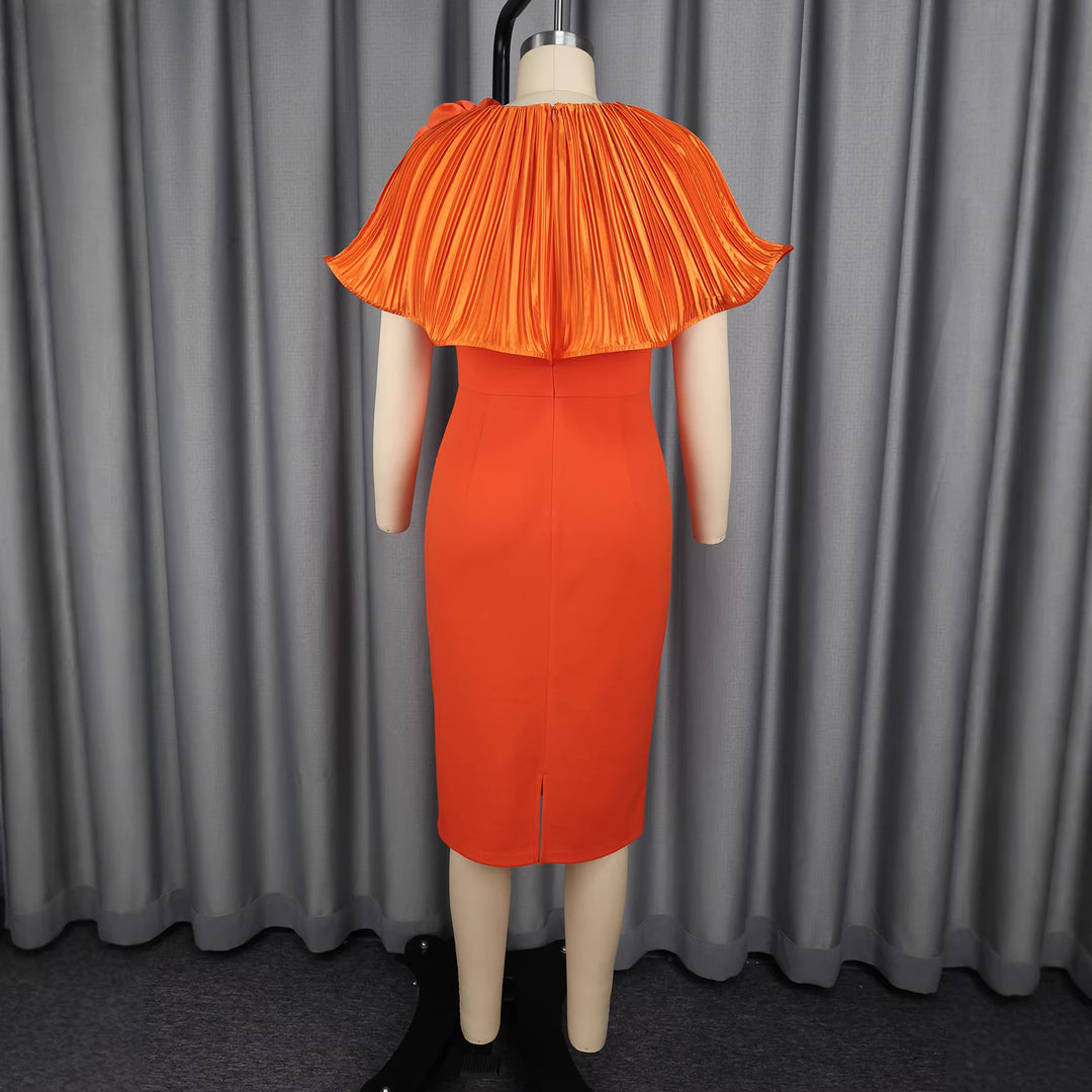 Women's form-fitting dress with voluminous collar and floral appliqué StylebySassy