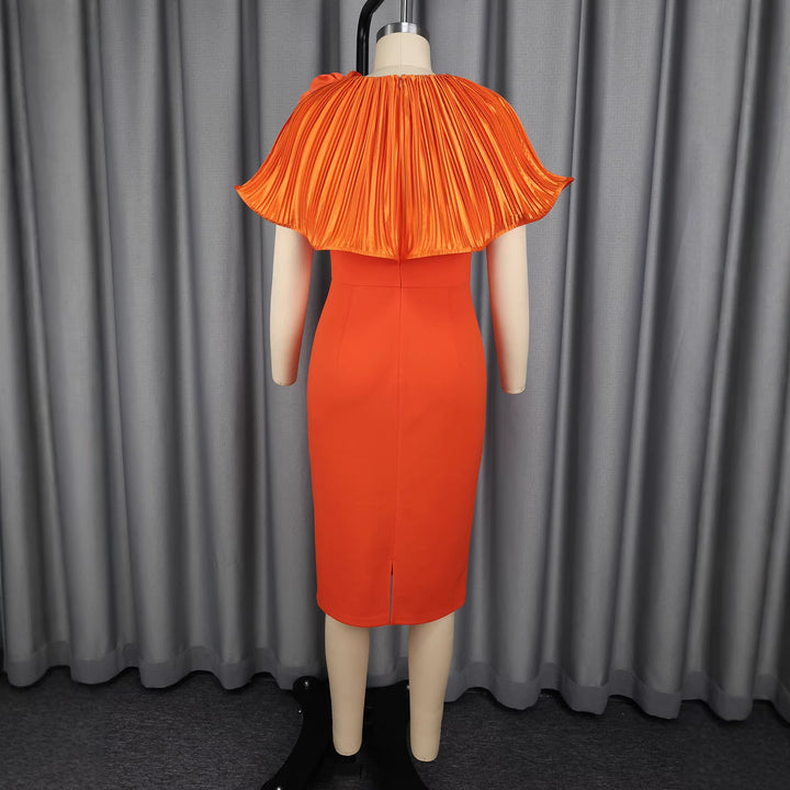 Women's form-fitting dress with voluminous collar and floral appliqué StylebySassy