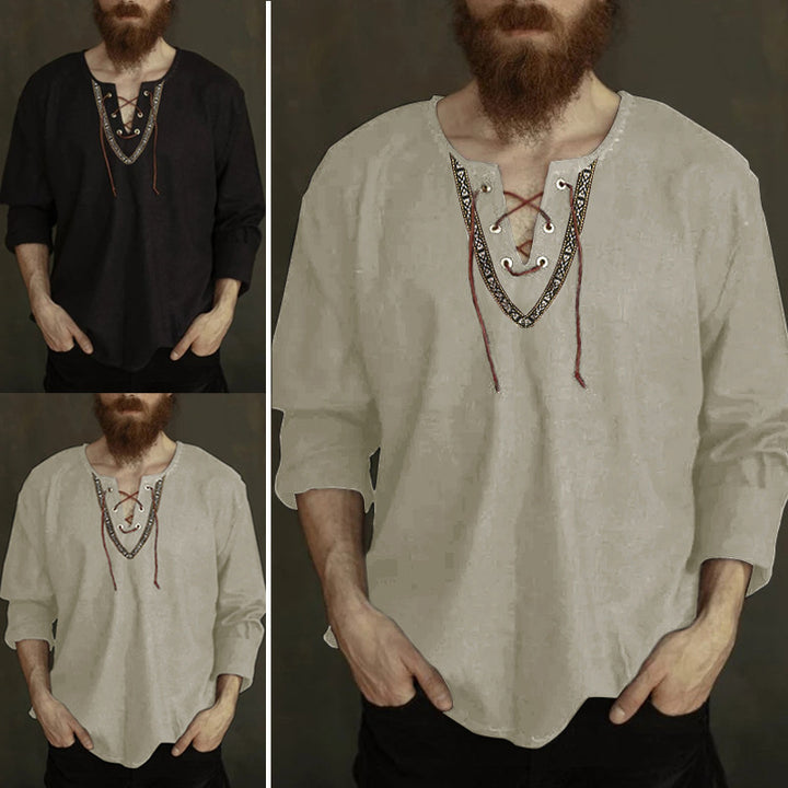 Men's linen tunic shirt with lacing and ethnic border StylebySassy