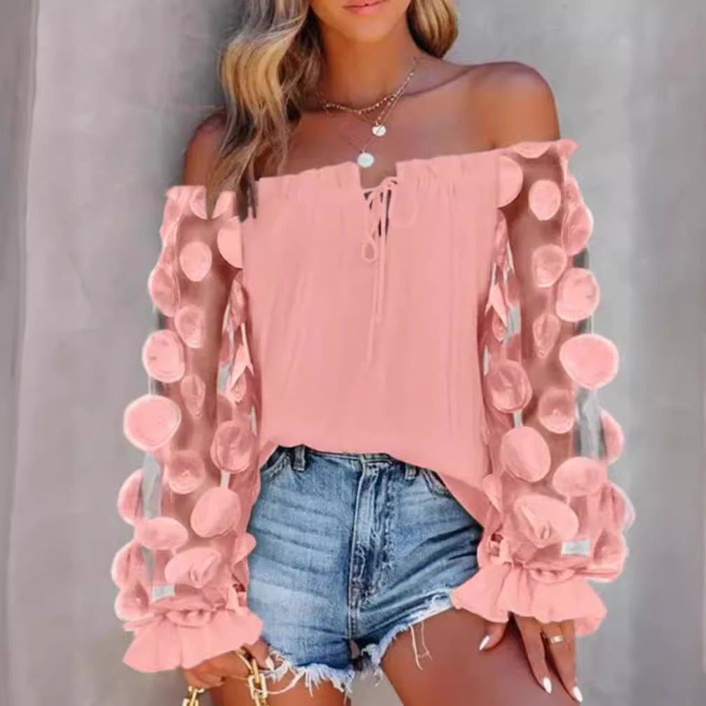 Women off-shoulder Carmen top with transparent organza sleeves, circular appliqués and ruffle cuffs StylebySassy