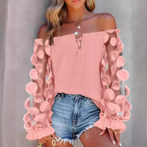 Women off-shoulder Carmen top with transparent organza sleeves, circular appliqués and ruffle cuffs StylebySassy