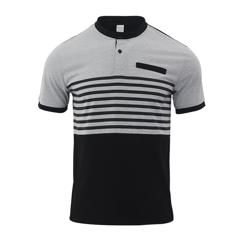 Men's short-sleeved striped short-sleeve shirt with button placket, stand-up collar and chest piping StylebySassy