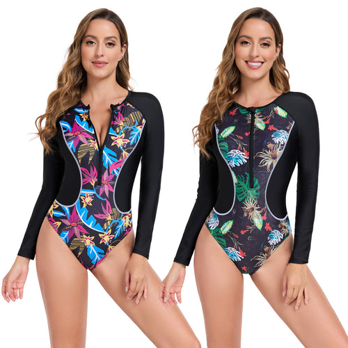 Women Rashguard with Long Sleeve and Colorful Plant Pattern StylebySassy