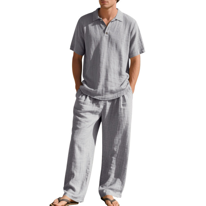 Men's airy linen ensemble with polo collar and adjustable waistband pants StylebySassy