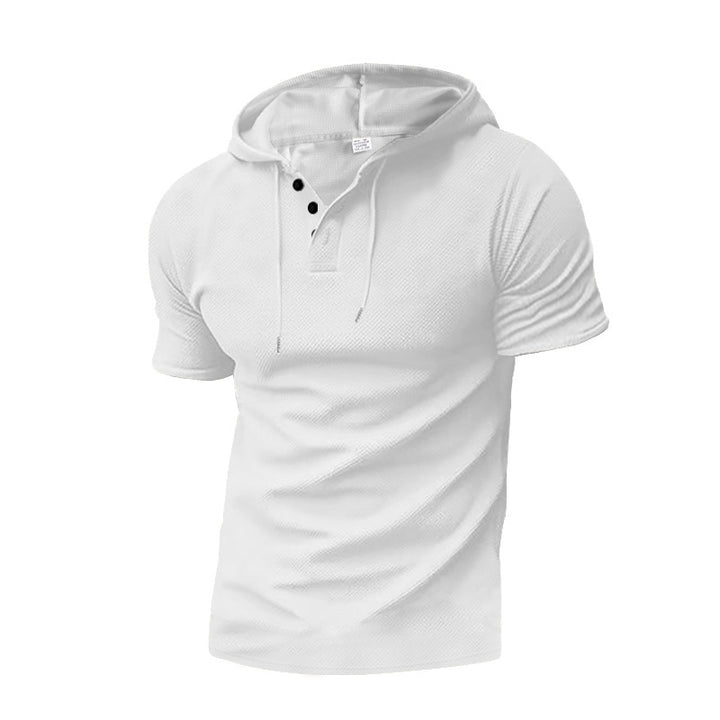 Men's short sleeve hooded polo with three-button placket and fine structured jersey StylebySassy