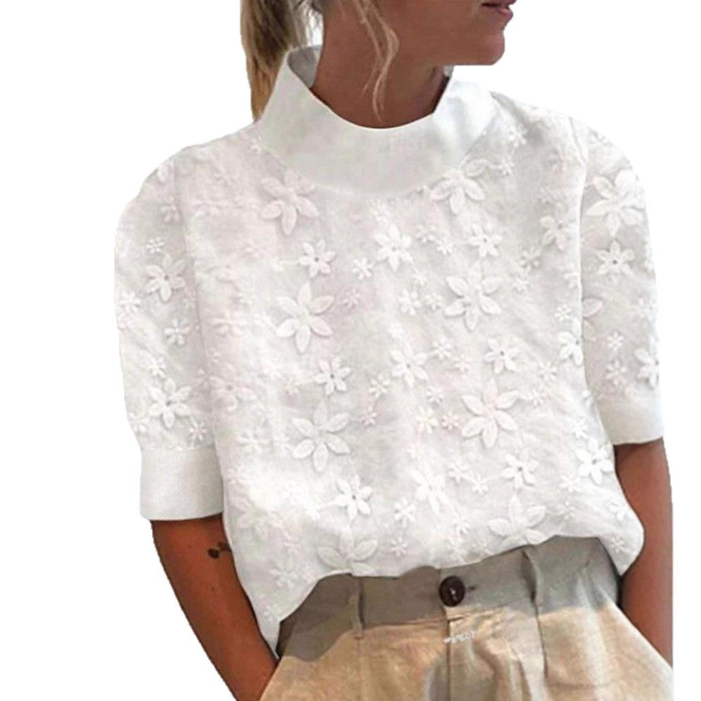 Women's embroidered short-sleeve blouse with stand-up collar and three-dimensional flower appliqué StylebySassy