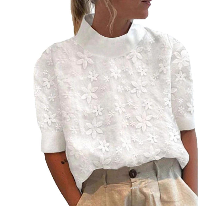 Ladies non-light embroidered blouse with stand collar and three-dimensional floral appliqué StylebySassy