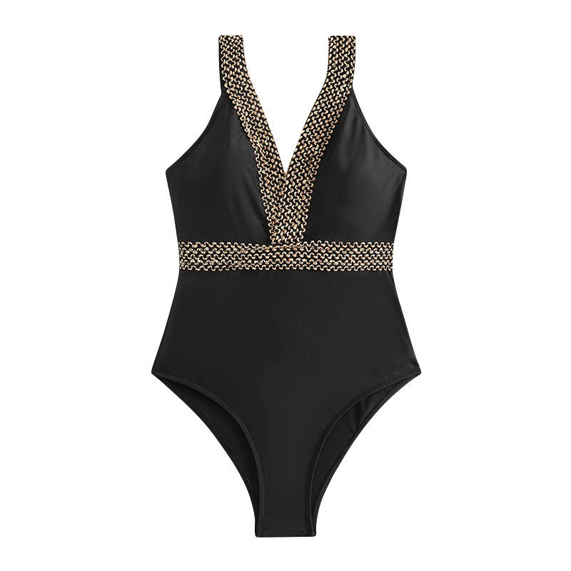 Women's One-Piece Swimsuit with Elegant V-Neck and Golden Details StylebySassy