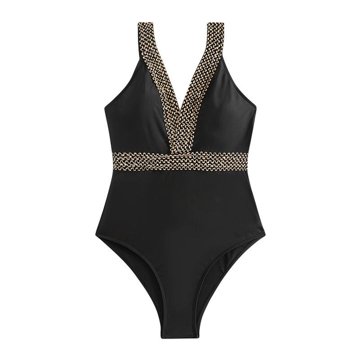 Women's One-Piece Swimsuit with Elegant V-Neck and Golden Details StylebySassy