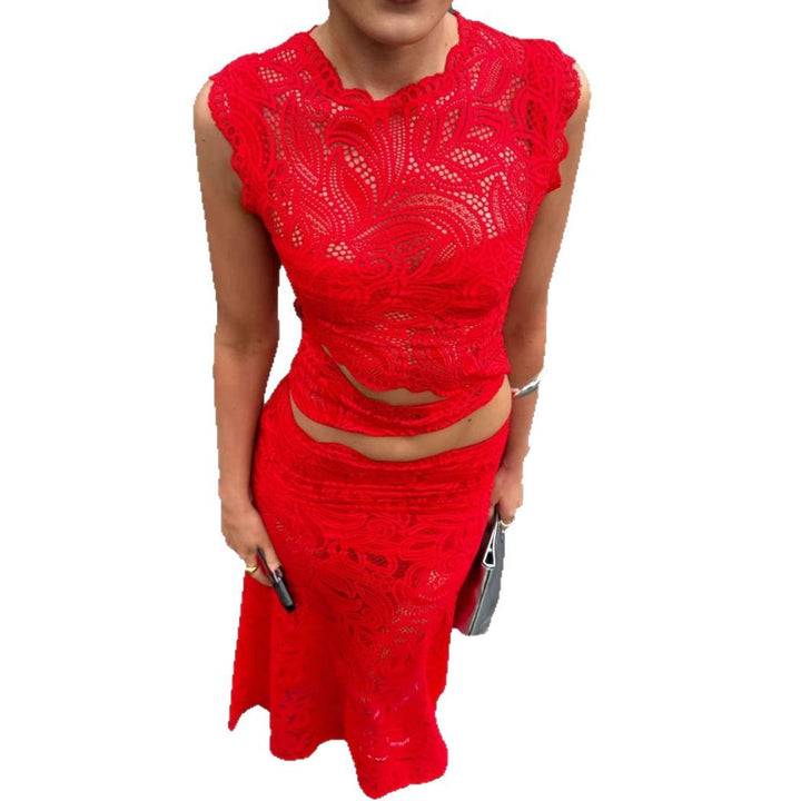 Women's elegant lace set with crop top featuring wavy hem and high-waisted form-fitting maxi skirt StylebySassy