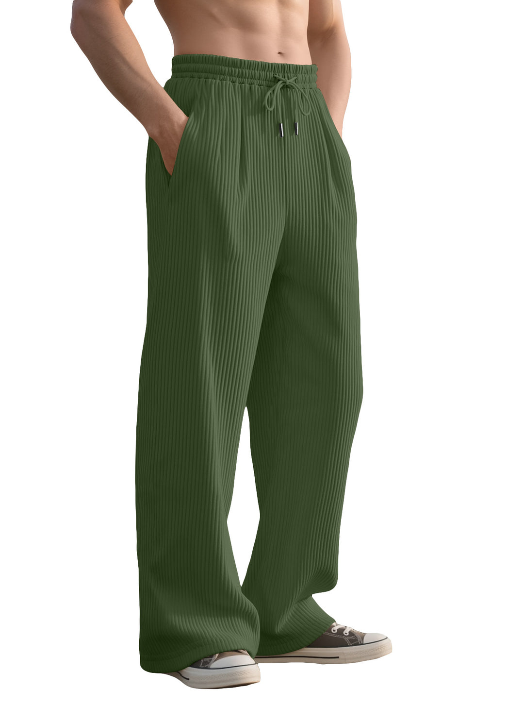 Men's straight cut corduroy velour pants with drawstring waistband, metal drawstring ends, and deep side pockets StylebySassy