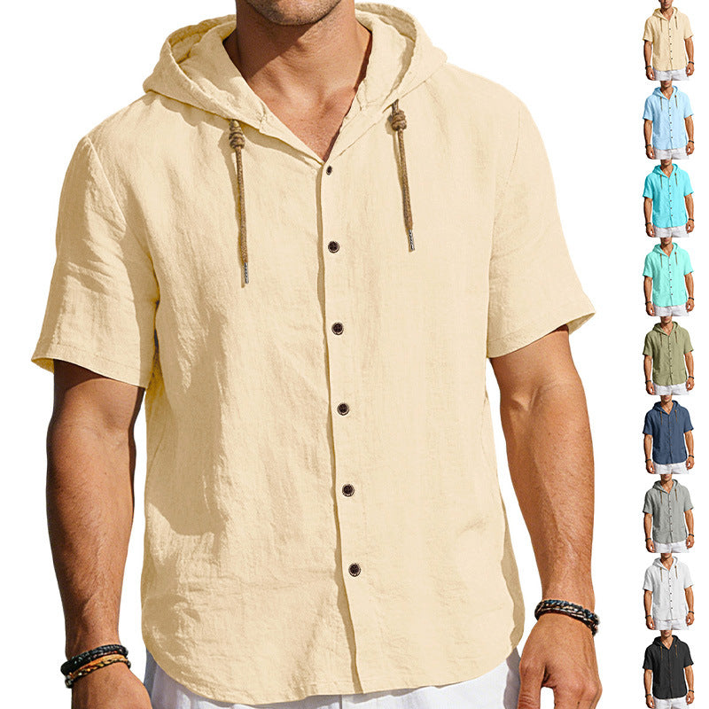 Men's tailored short-sleeve hooded shirt in textured linen look with wood look buttons and drawstring StylebySassy