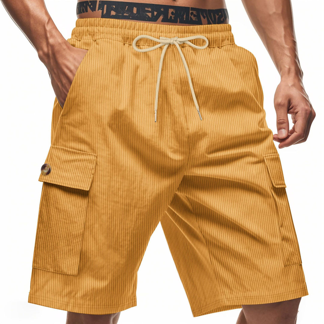 Men's casual utility bermuda with fine ribbed texture, elastic drawstring, and flap pockets StylebySassy