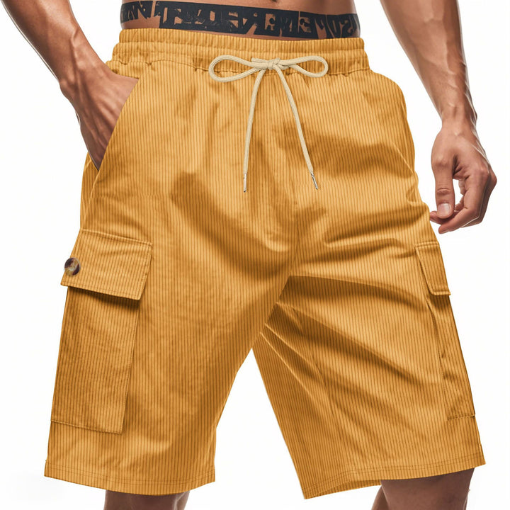 Men's casual utility bermuda with fine ribbed texture, elastic drawstring, and flap pockets StylebySassy