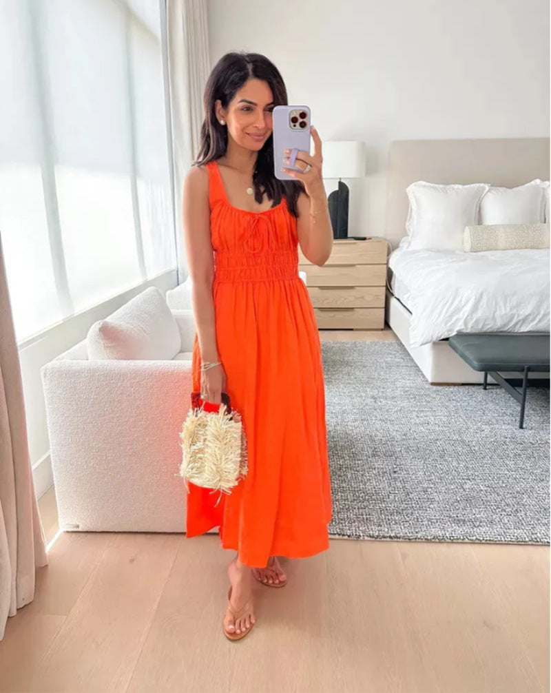 Women's knee-length linen look dress with smocked bodice, elastic waistband and wide straps StylebySassy