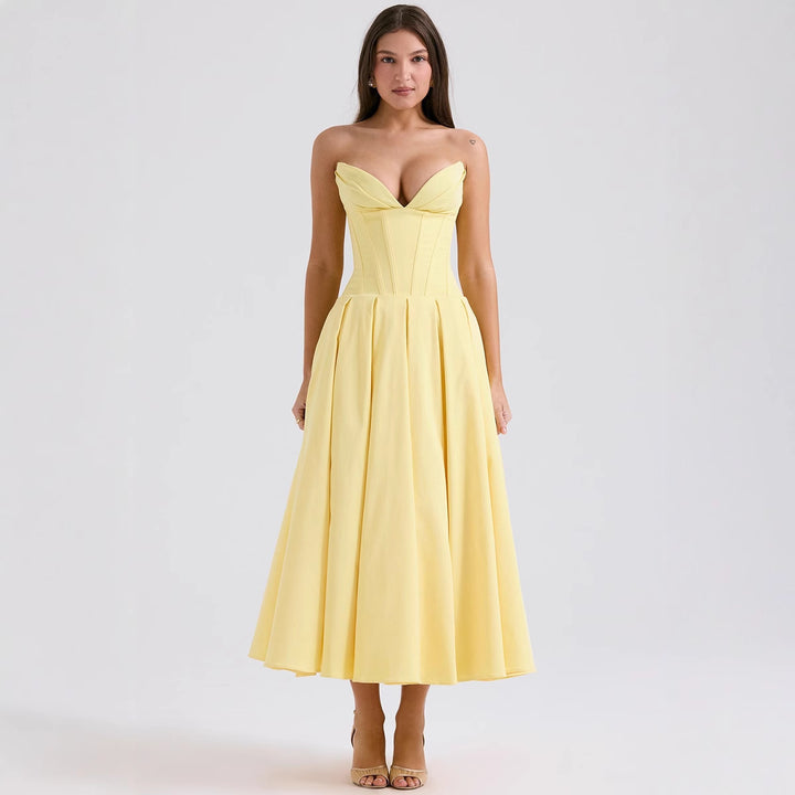 Women's strapless corset midi dress with pre-shaped bodice construction and flared circle skirt StylebySassy